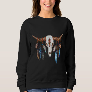 Beautiful Cow Skull With Indian Feathers Boho Art Sweatshirt