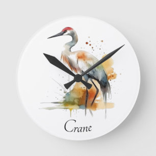 beautiful crane in watercolor round clock