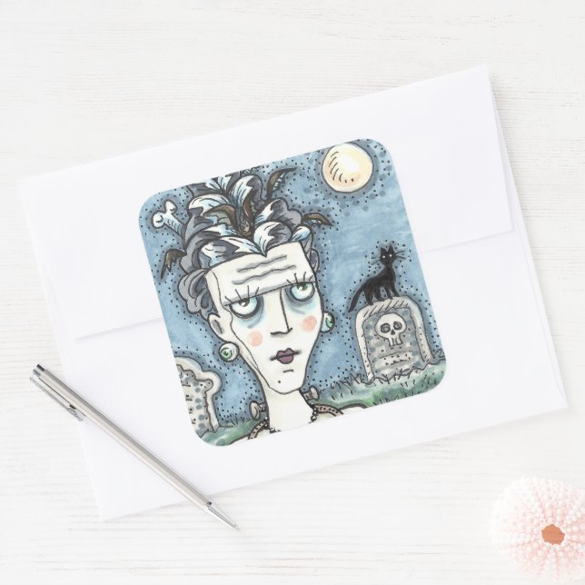 BEAUTIFUL CREEPY FRANKENELLA MONSTER, GRAVES, CAT SQUARE STICKER (Envelope)