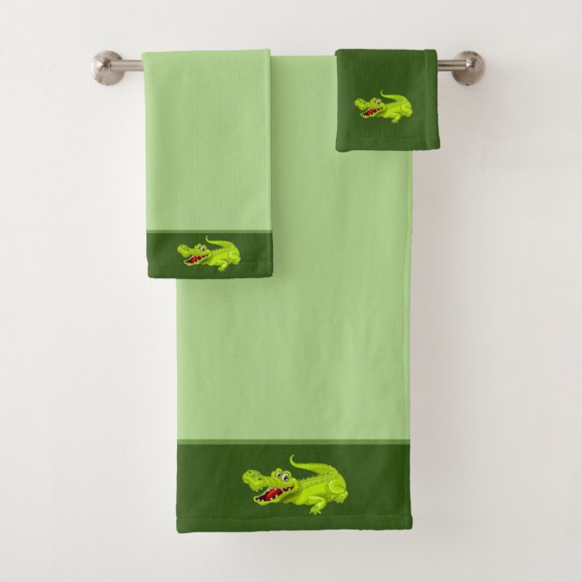 Beautiful Crocodile on Lime Green Bath Towel Set (Insitu)