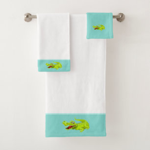 Beautiful Crocodile on Teal and White Bath Towel Set