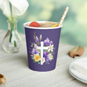 Beautiful Cross Purple Floral Religious Easter Paper Cups