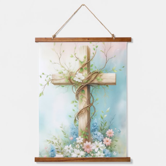 Beautiful Cross with flowers and a vine Hanging Tapestry (Front)