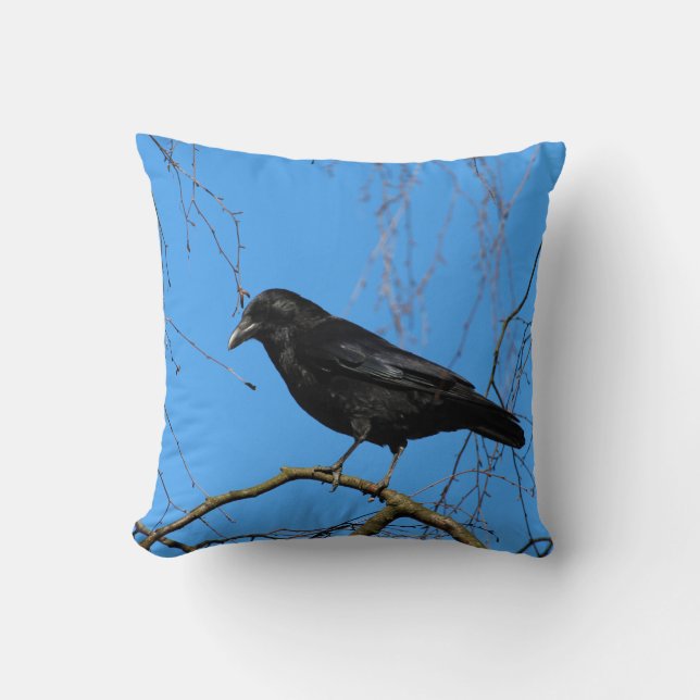 Beautiful Crow on Perch in a Tree Throw Pillow (Front)