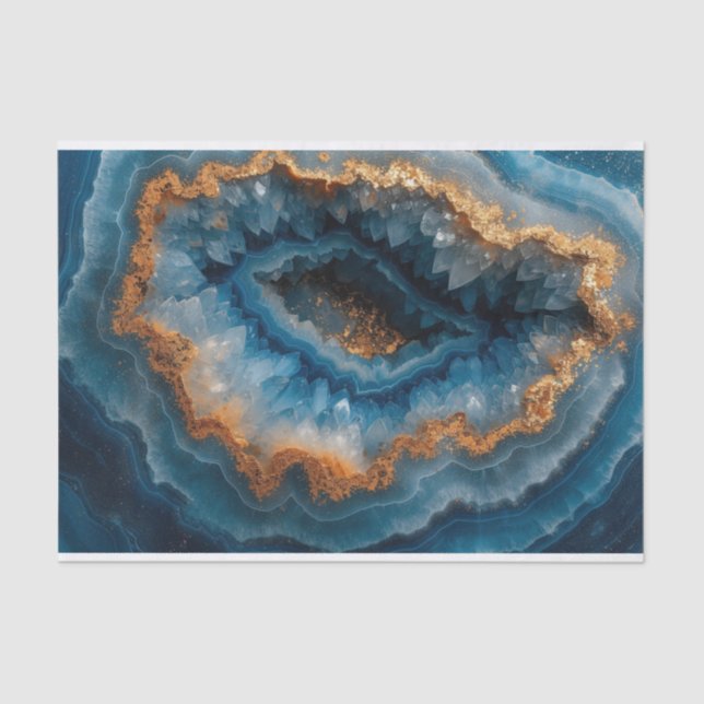 Beautiful crystal geode agate in blue cream and go tissue paper (Front)