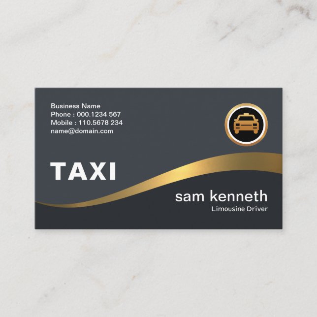 Beautiful Curving Faux Gold Wave Elegant Grey Taxi Business Card (Front)