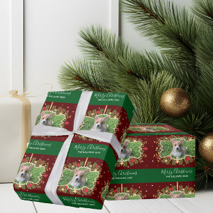 Beautiful Custom Dog Photo Christmas Red Green Wrapping Paper