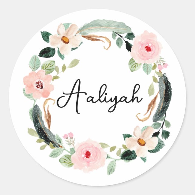 Beautiful Custom Name Monogram Floral Wreath  Classic Round Sticker (Front)