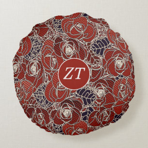 Beautiful Custom Red White Black Floral  Round Cushion
