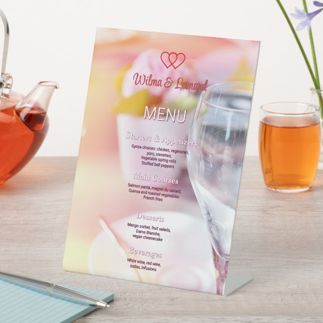 Beautiful customisable vivid Wedding table Menu Pedestal Sign (In SItu)