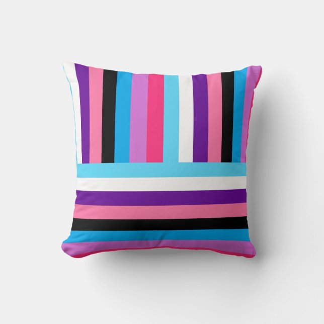 Beautiful Cute Colourful Pink Purple Blue Stripes Cushion (Front)