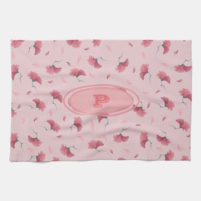 Beautiful & Cute Girly Pink Floral Pattern Initial Tea Towel (Horizontal)