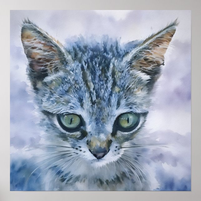 Beautiful Cute Grey Tabby Kitten Watercolor Art Poster (Front)
