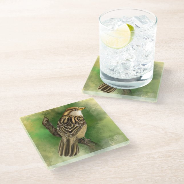 Beautiful Cute Little Sparrow Migned Painting Art  Glass Coaster (Angled)