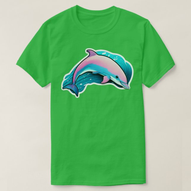 Beautiful cute pink dolphin with ocean waves in th T-Shirt (Design Front)