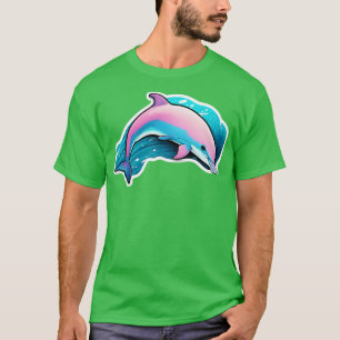 Beautiful cute pink dolphin with ocean waves in th T-Shirt