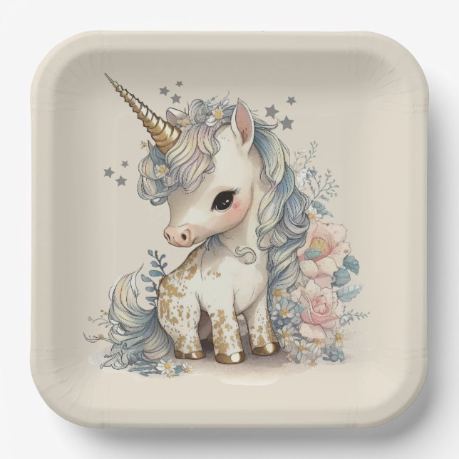 Beautiful Cute Unicorn Birthday Paper Plate (Front)