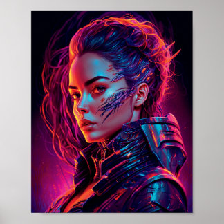 Beautiful Cyber Girl Synthwave Cool Women Portrait Poster