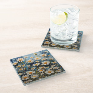 Beautiful daisies on a blue background glass coaster