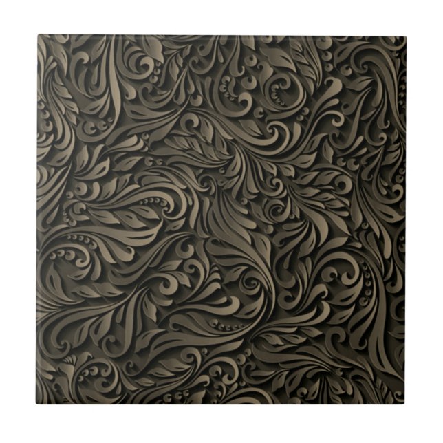 Beautiful Dark Flower Leaves - Wood Carving - Gold Tile (Front)