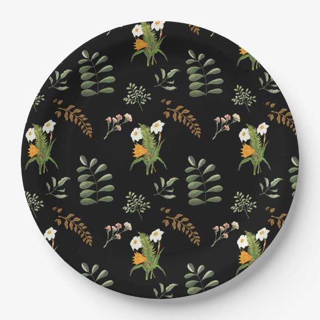 Beautiful dark moody botanical print paper plate (Front)