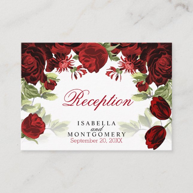 Beautiful Dark Red Floral Design - Reception Enclosure Card (Front)