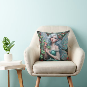 Beautiful December Fairy in Holly Cushion