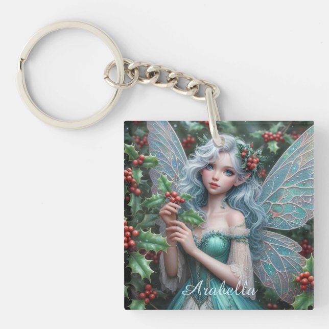 Beautiful December Fairy in Holly Key Ring (Front)