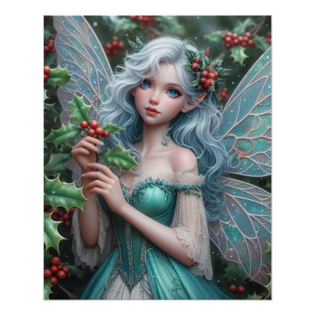 Beautiful December Fairy in Holly Poster (Front)