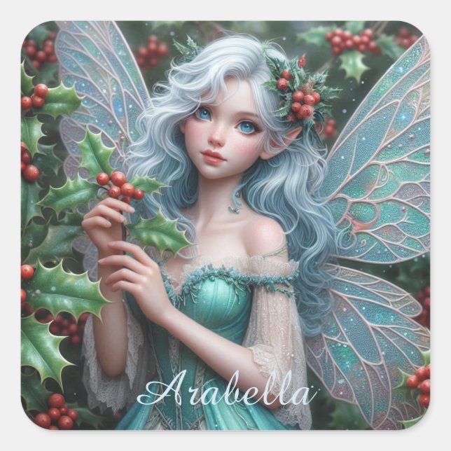 Beautiful December Fairy in Holly Square Sticker (Front)