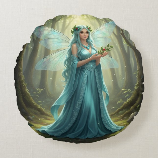 Beautiful December Turquoise Fairy Round Cushion (Front)