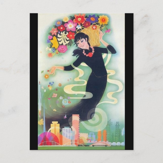 Beautiful Deco Asian Woman with Swirls & Flowers Postcard (Front)