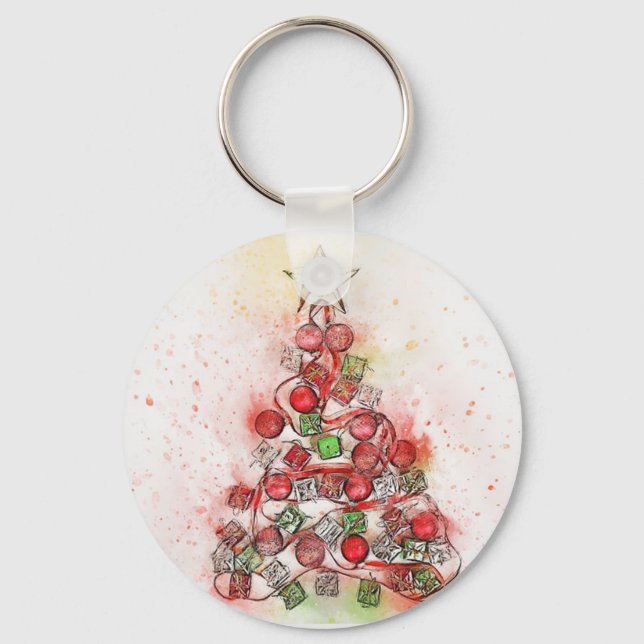 Beautiful  Decorated Christmas Tree  Key Ring (Front)