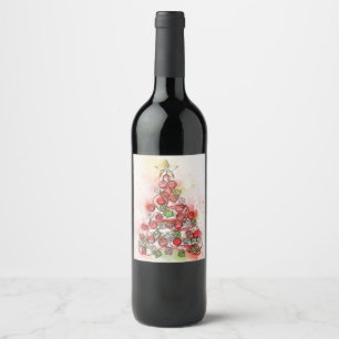 Beautiful  Decorated Christmas Tree  Wine Label