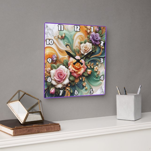 Beautiful Decorative Roses on Colourful Background Square Wall Clock (Office)