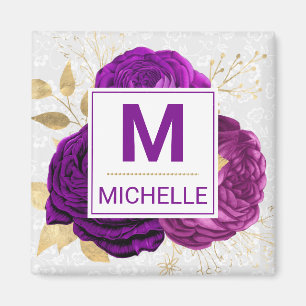 Beautiful Deep Purple and Gold Flowers Monogram Magnet