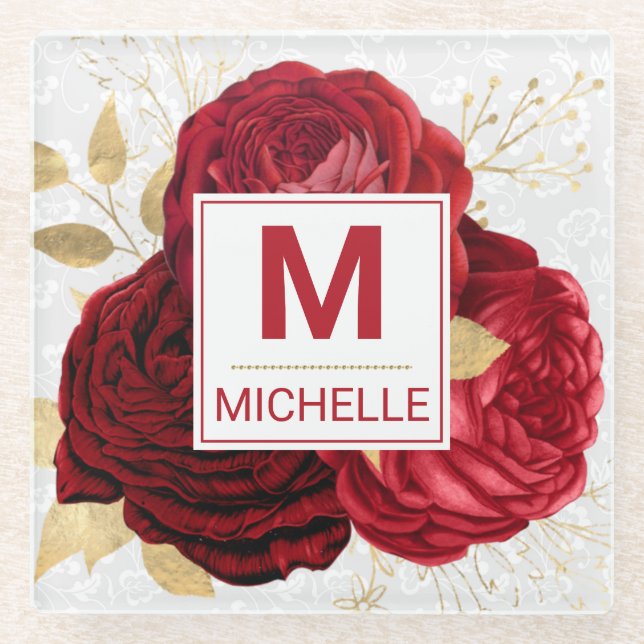 Beautiful Deep Red and Gold Flowers Monogram Glass Coaster (Front)