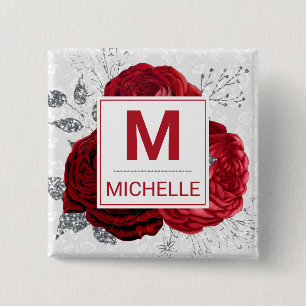 Beautiful Deep Red and Silver Flowers Monogram 15 Cm Square Badge