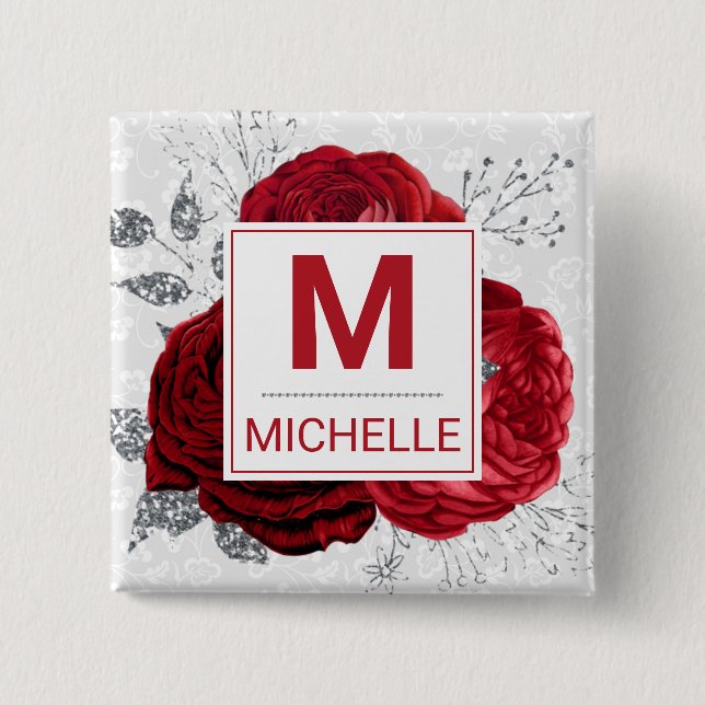 Beautiful Deep Red and Silver Flowers Monogram 15 Cm Square Badge (Front)