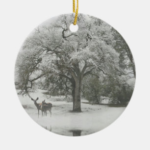 Beautiful Deer in the Snow Christmas Ceramic Tree Decoration