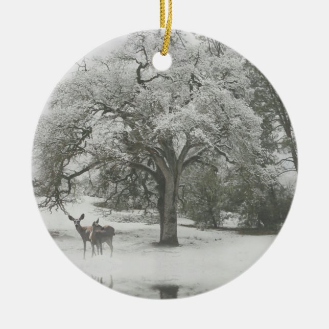 Beautiful Deer in the Snow Christmas Ceramic Tree Decoration (Front)