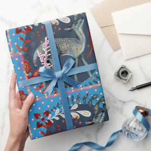 Beautiful Deer Scene Blue Red Flower Wrapping Paper