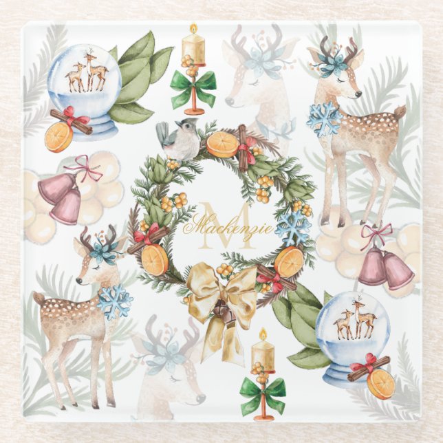 Beautiful Deer Watercolor Christmas Family Name Glass Coaster (Front)