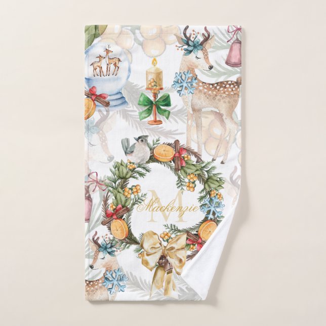 Beautiful Deer  Watercolor Christmas Family Name Hand Towel (Hand Towel)