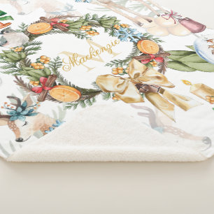 Beautiful Deer Watercolor Christmas Family Name Sherpa Blanket