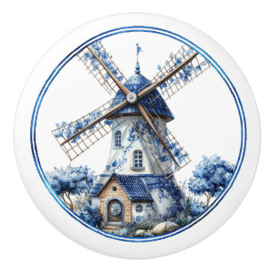 Beautiful Delft Blue Watercolor Windmill Ceramic Knob