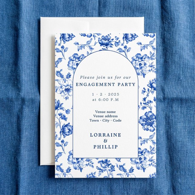 Beautiful delftware arch floral engagement party invitation (Beautiful delftware arch floral engagement party invitation)