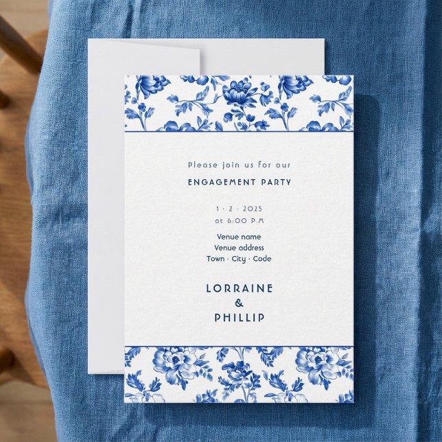 Beautiful delftware floral engagement party invitation (Beautiful delftware floral engagement party invitation.)