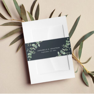 Beautiful delicate eucalyptus chic black wedding invitation belly band