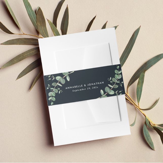 Beautiful delicate eucalyptus chic black wedding invitation belly band (Creator Uploaded)